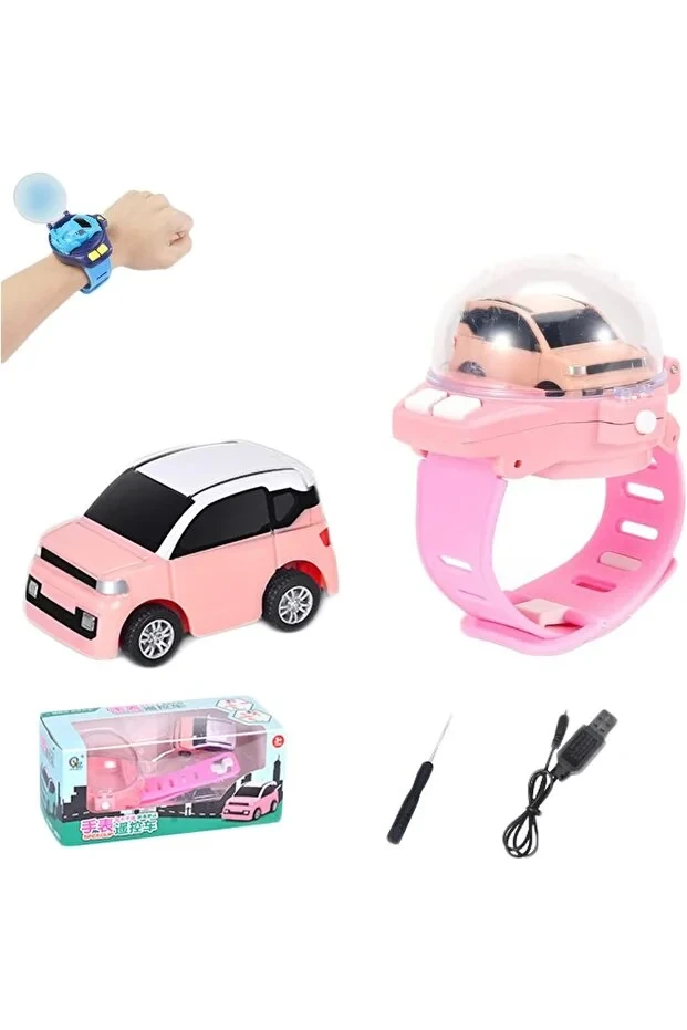 A small children's wristwatch with a wrist strap, a small remote control car