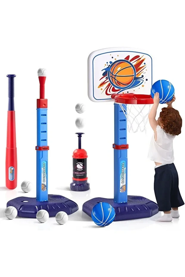 4-in-1 Kids Basketball and T-Ball Set - Adjustable Indoor and Outdoor Sports Toy for Boys and Girls Ages 1-8